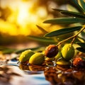 Closeup of olives with dew drops on the branch of olive tree on the sunset. Generative AI Royalty Free Stock Photo