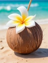 closeup of one open coconut drink decorated with frangipani flower on beach in sea island on summer vacation. Royalty Free Stock Photo