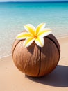 closeup of one open coconut drink decorated with frangipani flower on beach in sea island on summer vacation. Royalty Free Stock Photo