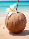 closeup of one open coconut drink decorated with frangipani flower on beach in sea island on summer vacation. Royalty Free Stock Photo