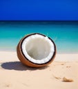 closeup of one open coconut drink decorated with frangipani flower and drinking strew on beach in sea island on summer vacation. Royalty Free Stock Photo
