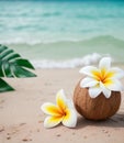 closeup of one open coconut drink decorated with frangipani flower and drinking strew on beach in sea island on summer vacation. Royalty Free Stock Photo