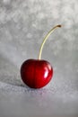 Closeup one red cherry fruit with root on light grey background with bokeh Royalty Free Stock Photo