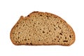 Closeup of one slice dark rye bread loaf isolated on white background