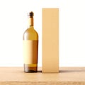 Closeup one transparent glass bottle of wine on the wooden desk, white wall background.Empty glassy container concept