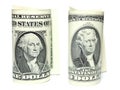 Closeup of one and two dollars isolate on white background. Royalty Free Stock Photo