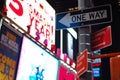 Closeup of a one-way street sign captured at Times Square, New York Royalty Free Stock Photo