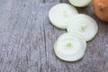 Closeup onion sliced on wood background, food ingredient concept