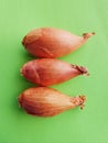 Three small onions over green table. Closeup of three onions. Royalty Free Stock Photo