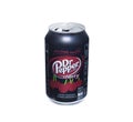 Closeup of open aluminum black color can of Dr Pepper Cherry