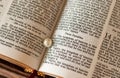 Closeup of open Christian Holy Bible with a pearl of great value. The parables of a hidden treasure of the coming kingdom of God a Royalty Free Stock Photo