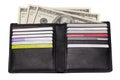 Closeup of a open new black genuine leather wallet with US dollars banknotes and various plastic cards isolated on a white Royalty Free Stock Photo