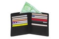 Closeup of a open new black leather wallet with a 100 euro banknote and various plastic cards  isolated on a white background. Royalty Free Stock Photo