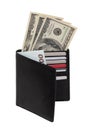Closeup of a open new black leather wallet with US dollars and a 100 euro banknotes and various plastic cards  isolated on a white Royalty Free Stock Photo