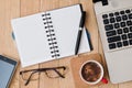 Closeup open notepad with pen, cup of coffee, glasses, a smartphone and a laptop on a wooden table. Business concept Royalty Free Stock Photo