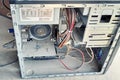 Opened old desktop pc is covered with a thick layer of dust