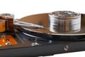 Closeup of an opened hard disk drive (HDD) Royalty Free Stock Photo