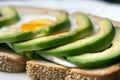 closeup of an openface sandwich with sliced avocado and egg Royalty Free Stock Photo