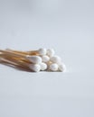 Closeup of organic cottonbuds made of wood and cotton Royalty Free Stock Photo