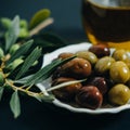 Closeup Organic Olives, virgin oil and green branch on black background Royalty Free Stock Photo