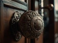 Closeup of an ornate antique-style wooden door handle with intricate designs Royalty Free Stock Photo
