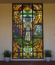 Closeup of Our Lady stained glass window at Calvary Cemetery. Santa Barbara, CA, USA Royalty Free Stock Photo