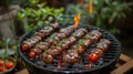 a close up of a grill with meat and tomatoes on it