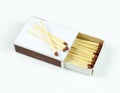 Closeup outdoor white boxes of matches. Scattered matches. Royalty Free Stock Photo