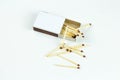 Closeup outdoor white boxes of matches. Scattered matches. Royalty Free Stock Photo