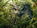 Closeup of an owl surrounded by green plants. Owl in the jungle.