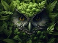 Closeup of an owl surrounded by green plants. Owl in the jungle.