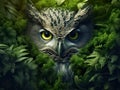 Closeup of an owl surrounded by green plants. Owl in the jungle.