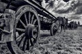 Closeup of an ox-wagon and bullocks on a field at Sandstone Estates in black and white