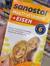 Closeup of package Sanostol multi vitamins pills in shelf of german supermarket