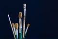 Closeup of paint brushes isolated on blue background Royalty Free Stock Photo