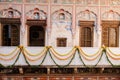 Closeup of painted walls of balcony of Mandawa haveli Rajasthan hotel