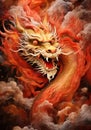 Closeup Painting of a Gold and Red Traditional Chinese Dragon roaring in the sky with dense smoke