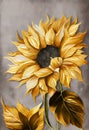 A Closeup Painting of a Sunflower in Golden and Silver Colors