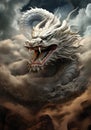 Closeup Painting of a White Traditional Chinese Dragon roaring in the sky inside very dense clouds