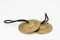 A pair of finger cymbals lying on a white underground