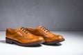 Closeup of Pair of Luxury Male Full Broggued Tan Leather Oxfords