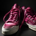 A closeup of a pair of magenta hightop sneakers with one sneaker untied. Trendy color of 2023 Viva Magenta.. AI