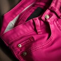 A closeup of a pair of magenta skinny jeans cuffed at the ankle. Trendy color of 2023 Viva Magenta.. AI generation