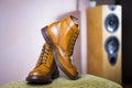 Closeup of Pair of Mens Tanned Semi-Brogue Boots on One Another