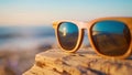 Closeup of a pair of sunglasses made from wood showcasing the sustainable and ecofriendly alternative to plastic frames.