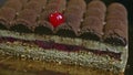 Closeup panorama on half of modern shaped chocolate cake with cherry interlayer