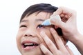 Closeup of parent pouring eye drops in eye her son