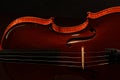 Closeup of a part of a violin on a black background