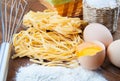 Closeup pasta, three eggs and flour Royalty Free Stock Photo