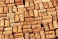 Closeup pattern background of many different wine corks with dates and drops of wine - Image